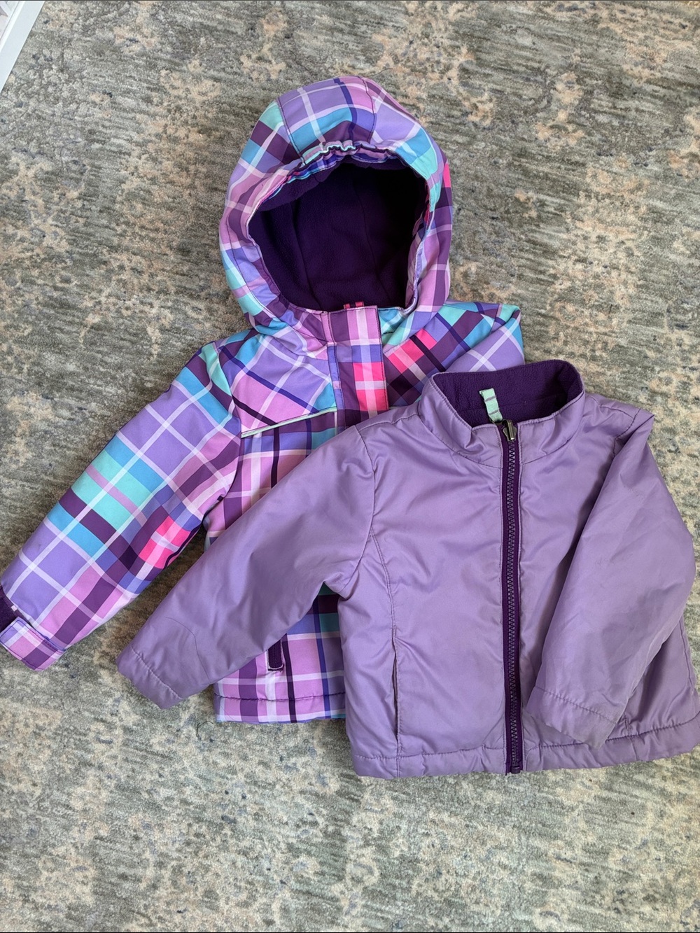 Two Piece Cherokee Purple Plaid Winter Coat + Solid Lavender Inner Jacket 18M